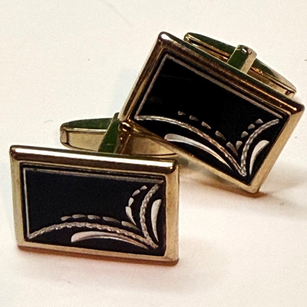 Foster Men's Cufflinks PAT PEND USA Rectangular Black Enamel Gold Tone Jewelry